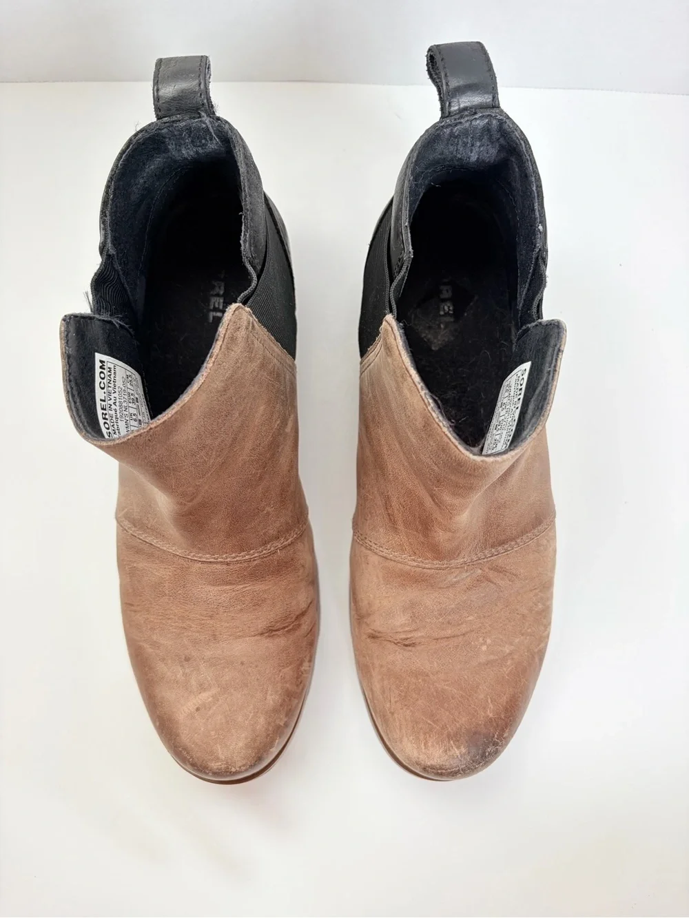 Sorel Emelie Chelsea Boots Waterproof Pull On Leather Suede Tan Black Size 8.5